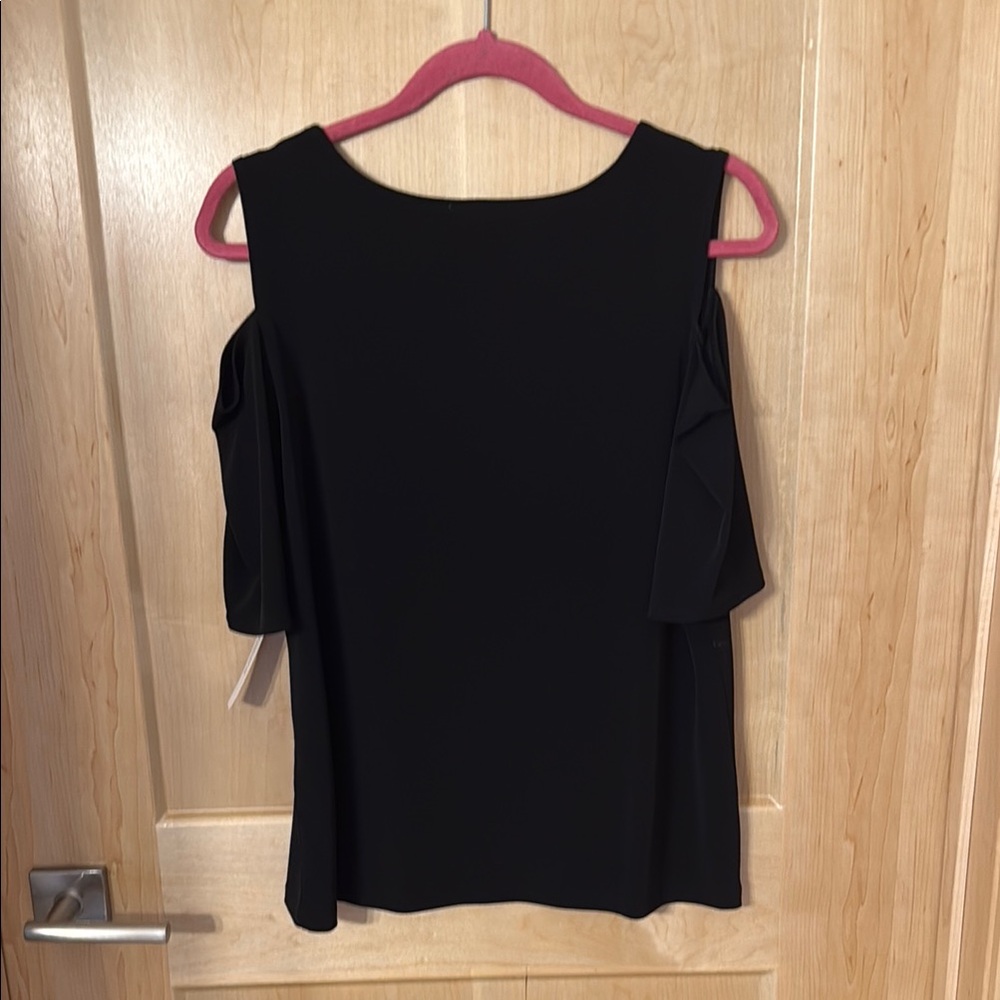 Chico’s Black Asymmetrical Cutout Blouse | Size L | Cold Shoulder Top - Picture 6 of 7